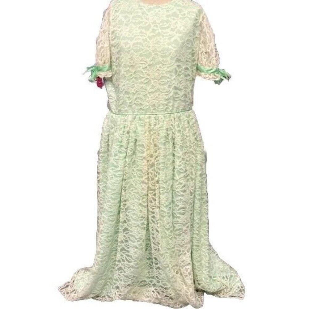 Vintage Homemade Dress Short Sleeve Maxi Lace Overlay Green Material XL-L